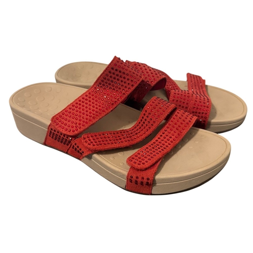 Vionic Pacific Alexis Slide‎ Sandals Womens 9 Red Suede Rhinestone Comfort Ortho